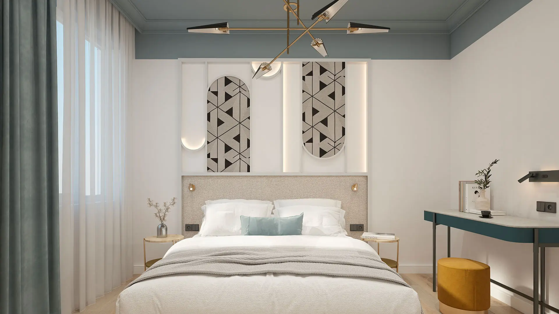Una camera da letto illuminata da luce naturale, proveniente da una finestra sul lato sinistra